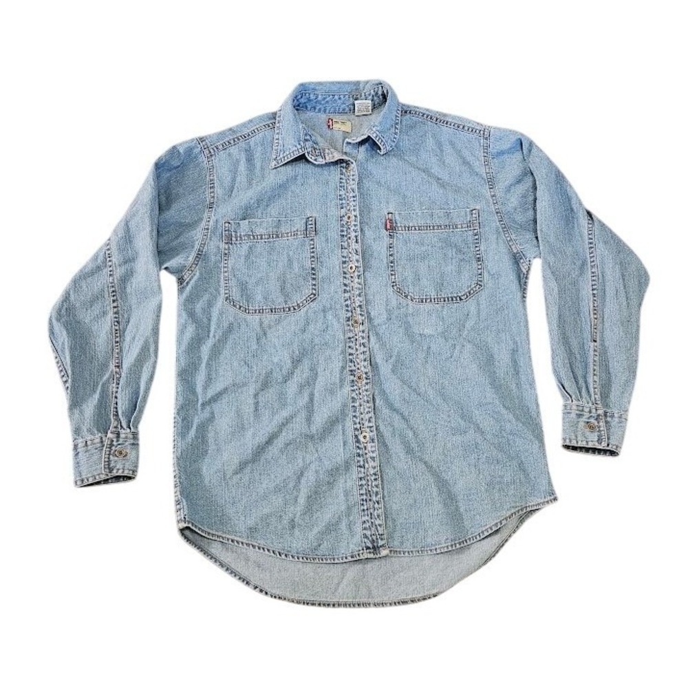 Levis Red Tab Denim Button Down Shirt Small Light Wash Blue Cotton Long Sleeve